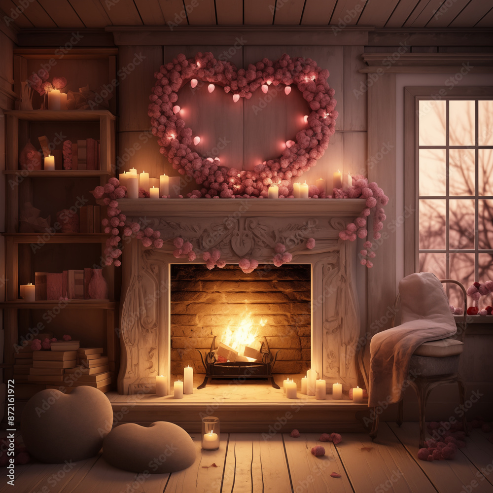Cozy Romantic Fireplace with Heart-Shaped Garland and Candles in a Warm, Inviting Living Room Cozy Romantic Fireplace with Heart-Shaped Garland and Candles in a Warm, Inviting Living Room