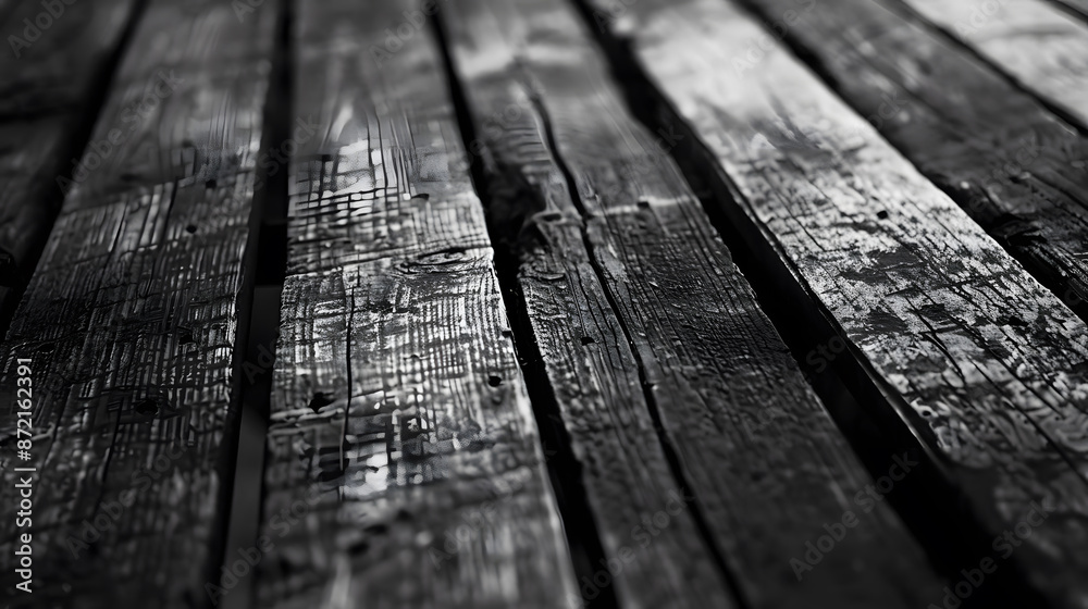 The image is a close up of a wooden plank with a black and white filter