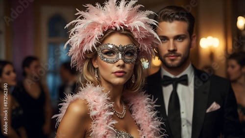 Obraz na płótnie The sensation of wearing a feather boa at a lively masquerade ball ai_generated w salonie