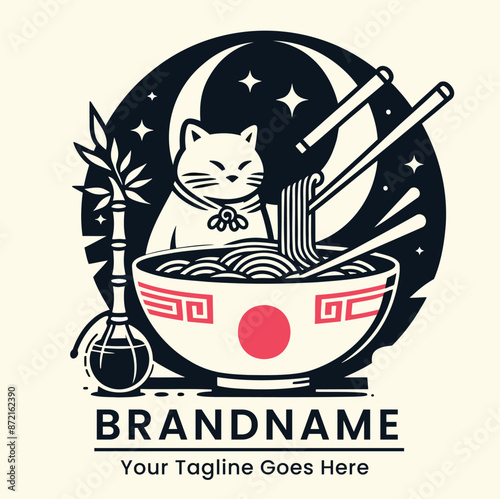 Lucky cat and ramen bowl logo featuring bamboo and a crescent moon