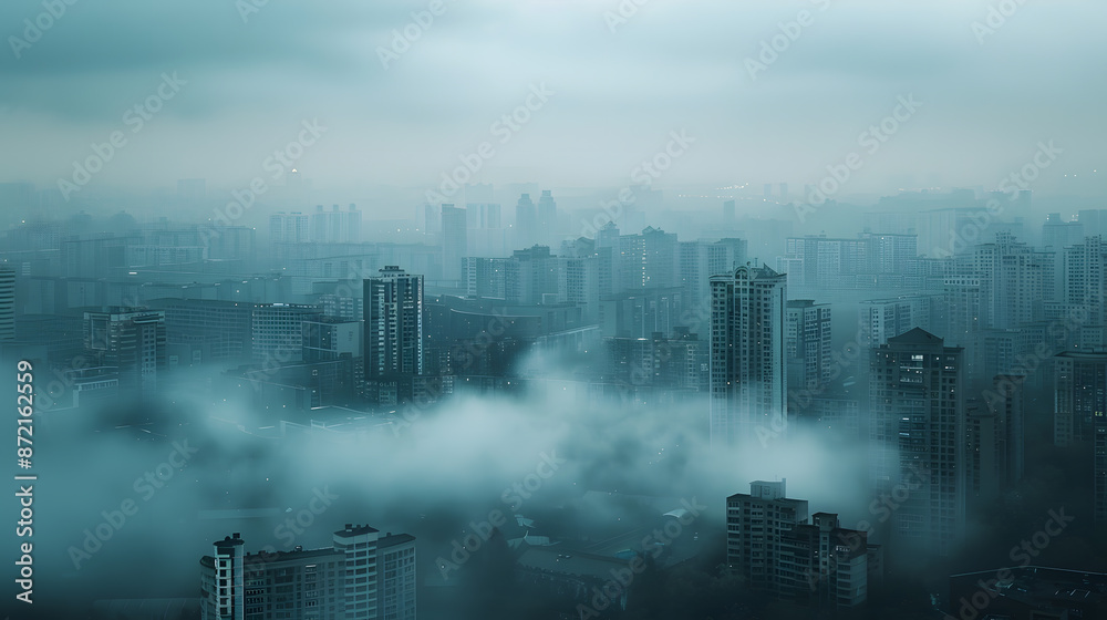 Foggy cityscape with tall buildings and a misty atmosphere Foggy cityscape with tall buildings and a misty atmosphere