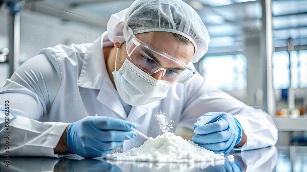 Provider checking white powder, pharmaceutical industry, illegal drug trade Provider checking white powder, pharmaceutical industry, illegal drug trade