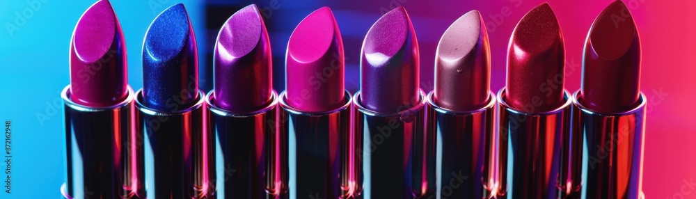 Vibrant lipstick tubes on a reflective surface, colors of confidence, array of shades, lip beauty Vibrant lipstick tubes on a reflective surface, colors of confidence, array of shades, lip beauty