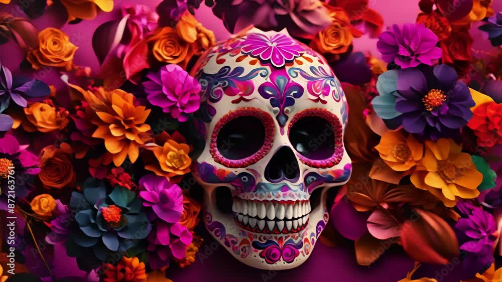 A vibrant, ornate sugar skull adorned with vibrant flowers , purple background. Traditional Mexican Day  of the Dead,   Dia de los Muertos 