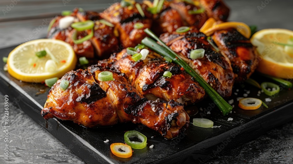 A platter of grilled chicken garnished with green onions and lemon slices, showcasing a delicious and perfectly cooked meal A platter of grilled chicken garnished with green onions and lemon slices, showcasing a delicious and perfectly cooked meal
