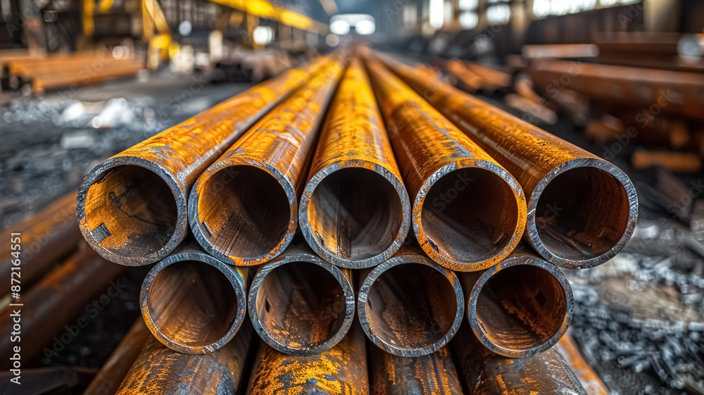 Stack of steel pipes in a metallurgical plant, factory or workshop. Heavy industry and iron materials. Stack of steel pipes in a metallurgical plant, factory or workshop. Heavy industry and iron materials.