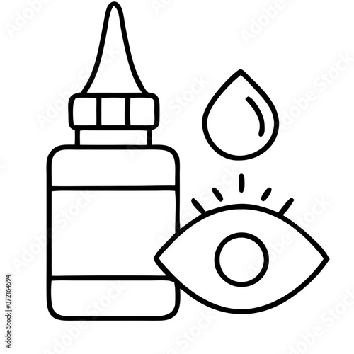 vector icon of eye drops with eye and drop symbols, black and white, medical illustration, optics and eye care concept, World Health Day, Doctor's Day, World Family Doctor Day