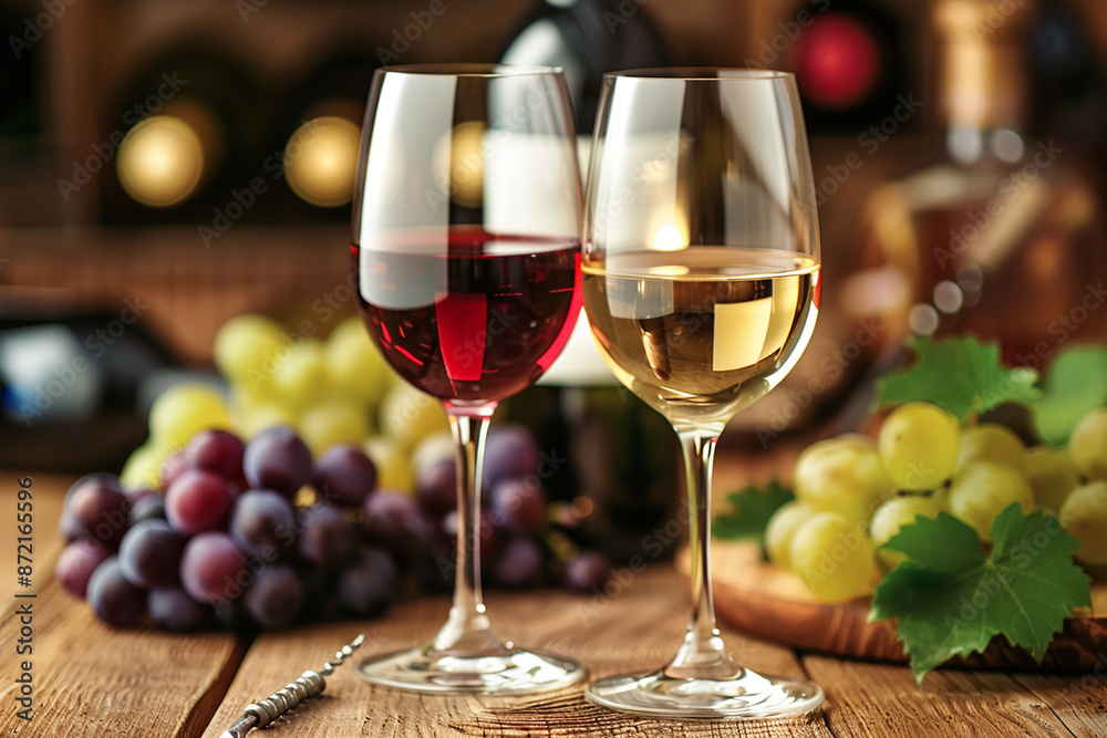 Two wine glasses, one with red and one with white wine, are placed on a rustic wooden table surrounded by fresh grapes, creating a perfect setting for wine tasting. Two wine glasses, one with red and one with white wine, are placed on a rustic wooden table surrounded by fresh grapes, creating a perfect setting for wine tasting.