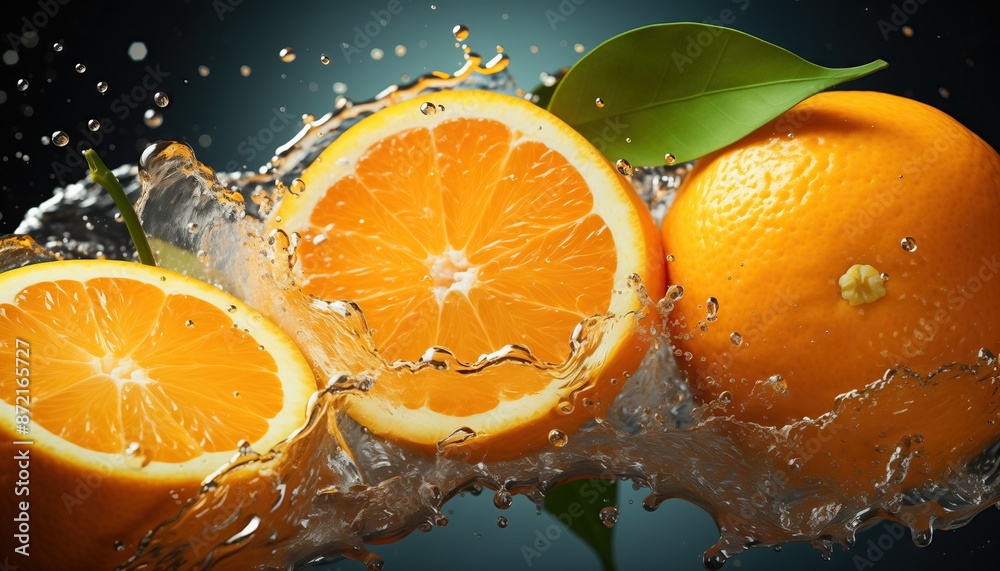 Fresh oranges with splashes and water drops on dark background Fresh oranges with splashes and water drops on dark background