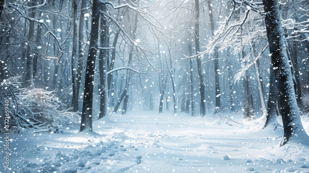 a peaceful winter scene in a snow-covered forest, soft snowflakes gently falling, creating a serene and magical atmosphere with trees blanketed in white. a peaceful winter scene in a snow-covered forest, soft snowflakes gently falling, creating a serene and magical atmosphere with trees blanketed in white.
