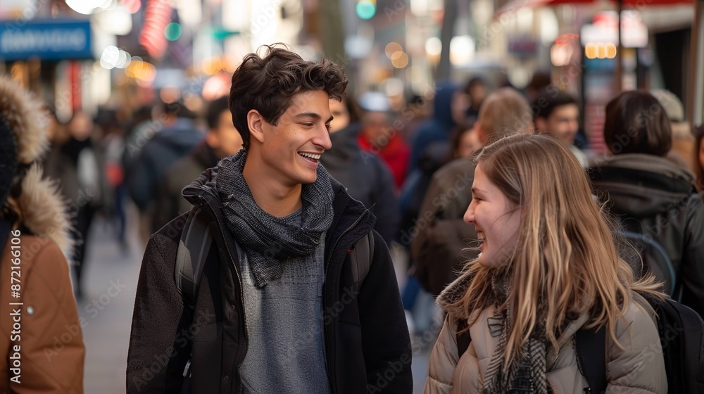 A young handsome boy looking and smiling to a girl friends meet at a busy street A young handsome boy looking and smiling to a girl friends meet at a busy street