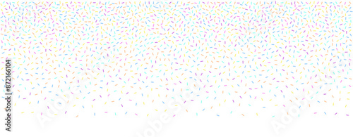 Border with colorful sprinkles. Glaze for donut, ice cream or muffins with rainbow, purple, yellow, blue and pink falling decorative candies. Vector Illustration for holiday designs.