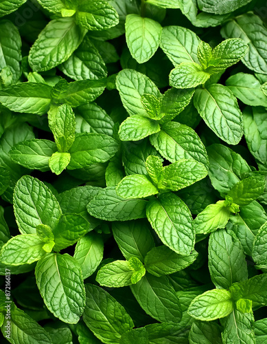Mint leaves background. Green Peppermint leaves Pattern layout design Top of view. © SaddhaVisual