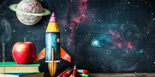A rocket made of crayons and colored pencils sits on a school desk with books in front of a chalkboard background. An apple and a space drawing are also on the desk in the style of a back to school co