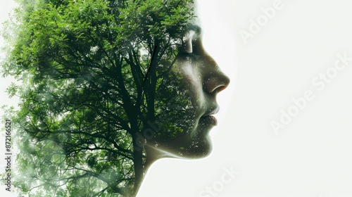 Nature beauty. Double exposure portrait of woman blended with nature, green forest trees foliage isolated on white copy space. Spring, travel, nature, and wanderlust concept, ecology inspiration © inthasone