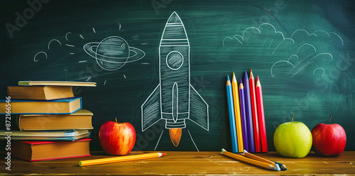 A rocket made of crayons and colored pencils sits on a school desk with books in front of a chalkboard background. An apple and a space drawing are also on the desk in the style of a back to school co