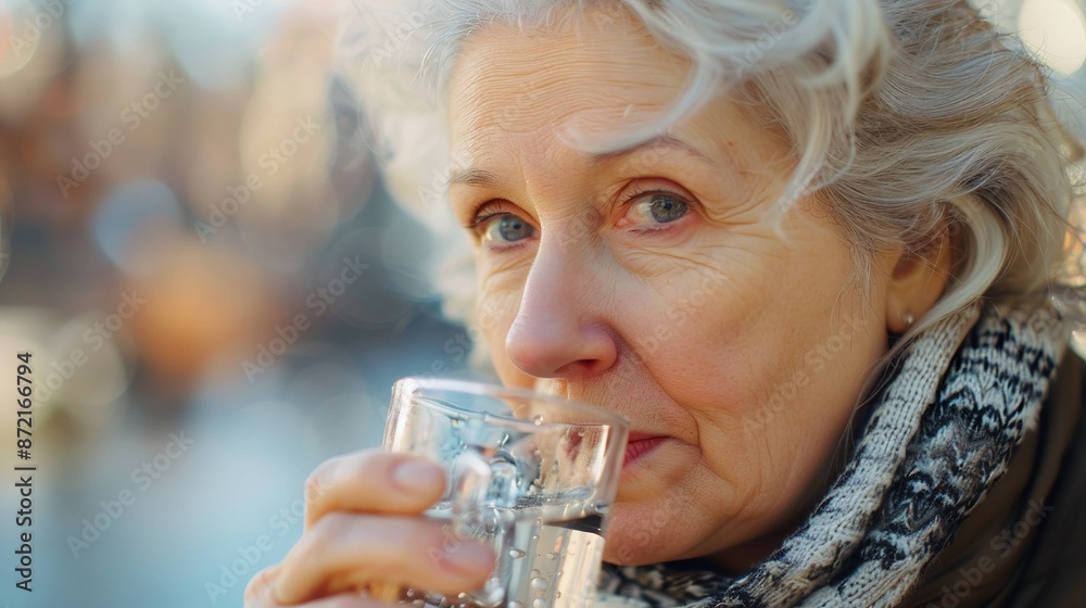 An adult women old drinking a glass on water closeup portrait healthy living