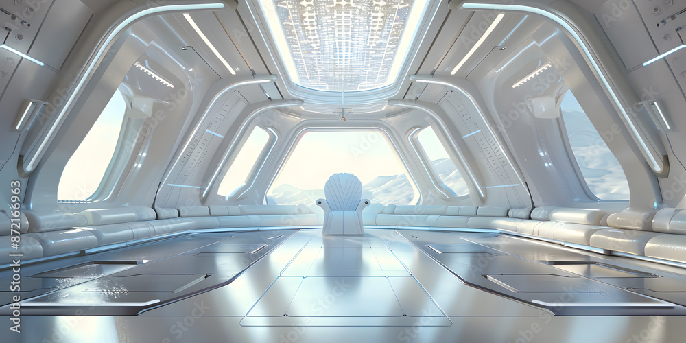 Decorated empty throne hall. A white throne on a spaceship design Decorated empty throne hall. A white throne on a spaceship design