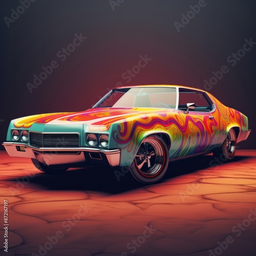 A vibrant vehicle is sitting on a dusty street, showcasing its colorful exterior paint and sleek automotive design. The shiny wheels and tires add to its eyecatching appearance