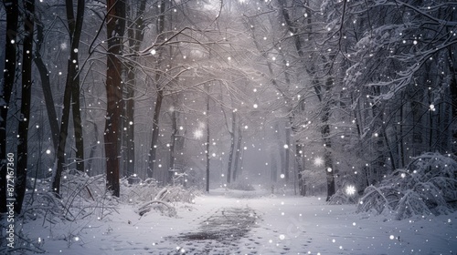 a peaceful winter scene in a snow-covered forest, soft snowflakes gently falling, creating a serene and magical atmosphere with trees blanketed in white.
