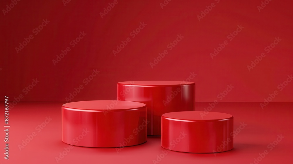 Red Cylindrical Podiums on a Red Background for Product Display Red Cylindrical Podiums on a Red Background for Product Display