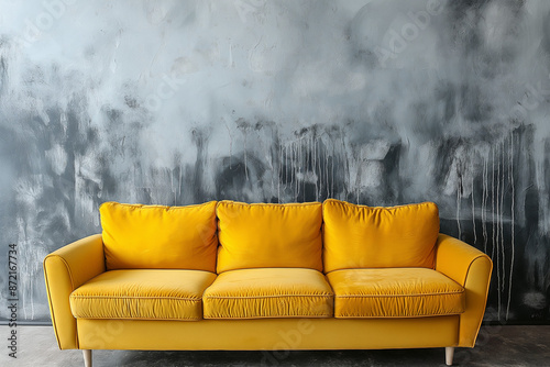 A chic living room featuring a stylish yellow couch set against an abstract gray background, creating a captivating and trendy wallpaper look