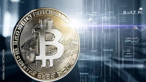 Large bitcoin coin on the background of financial charts. The image symbolizes influence of cryptocurrency on financial market