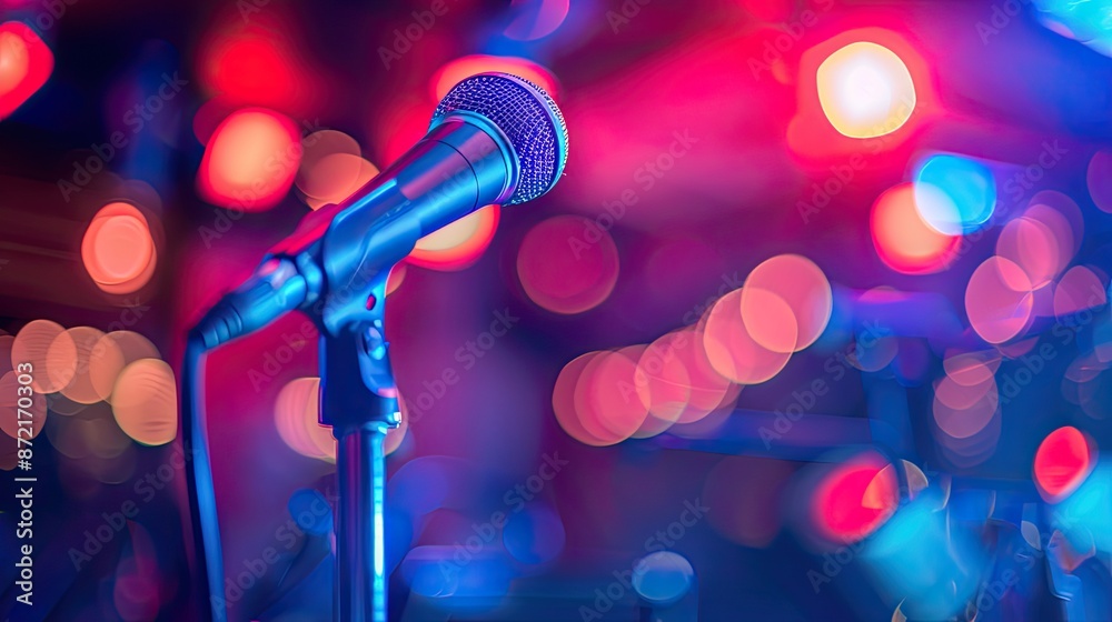 Obraz premium Music festival background. a spotlight show glowing concert stage lights bokeh neon event party shiny nightclub disco night music glitter blur shine musical live