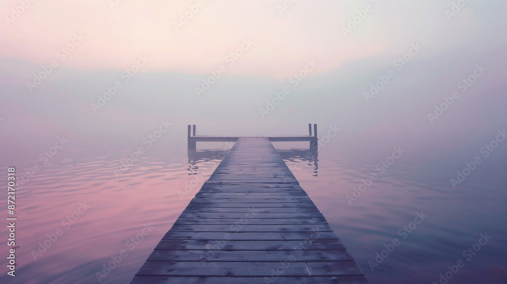 Fototapeta premium Wooden Dock On The Water Of A Foggy Lake In Light Pink And Purple Hues, Creating A Calm And Serene Mood. Dreamy Photography 