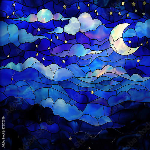 Stained Glass Style, Night Sky With Crescent Moon And Stars, Clouds, Dark Blue Background Colour, Fantasy Art Illustration

