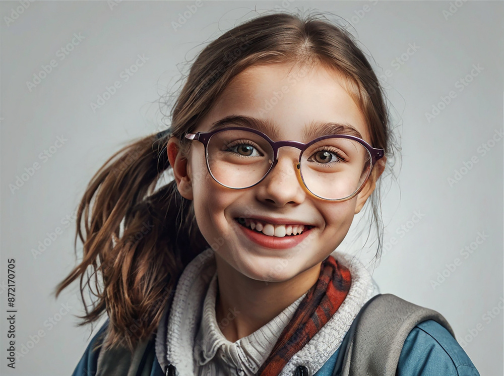 A charming young Girl wearing glasses and smiling happily on Gray Background, Young schoolgirl wearing glasses. A charming young Girl wearing glasses and smiling happily on Gray Background, Young schoolgirl wearing glasses.