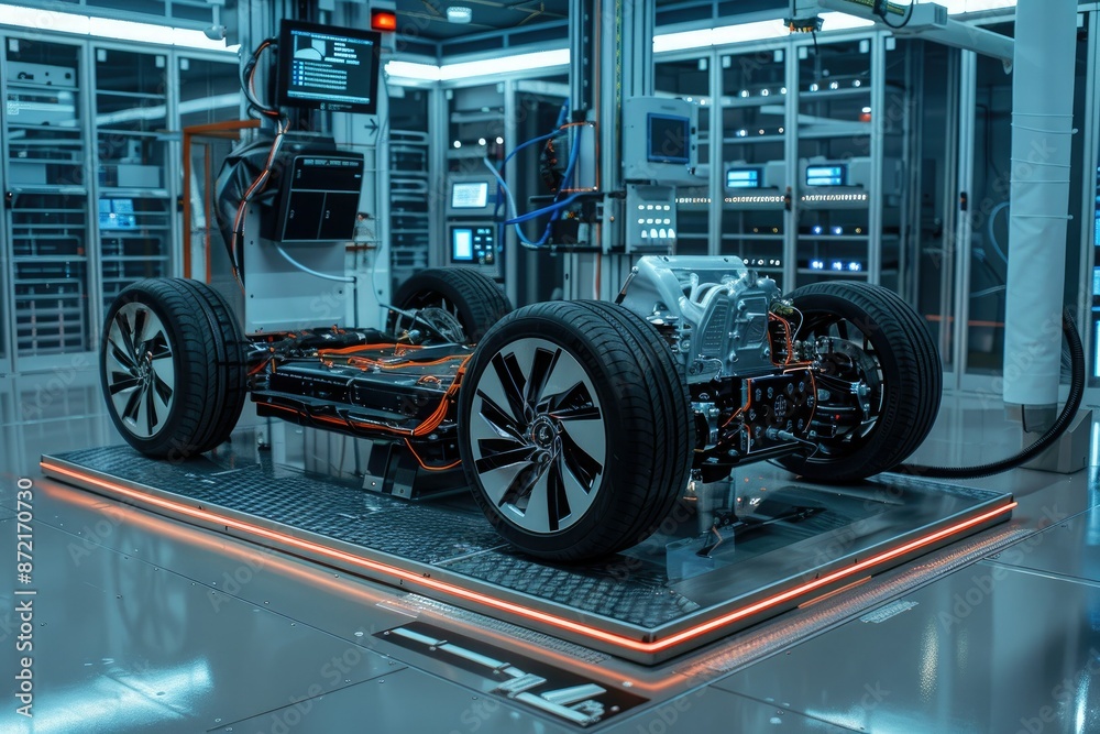 Fototapeta premium Electric Vehicle Chassis Undergoing Testing in a Modern Facility