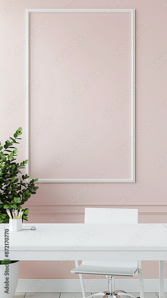 Clean and sleek office setup with light pastel pink walls, white desk, and an empty white frame in a vertical layout. Clean and sleek office setup with light pastel pink walls, white desk, and an empty white frame in a vertical layout.