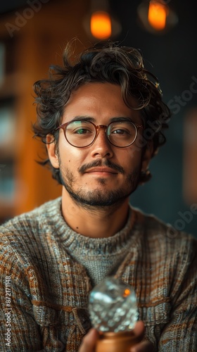Young man with glasses holding a decorative object, warm ambient lighting, cozy setting, casual outfit with a knitted sweater.