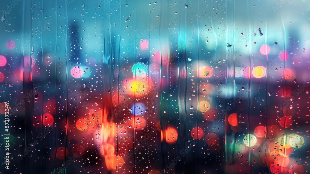 abstract colorful background with rain drops running down window glass and bokeh city lights abstract colorful background with rain drops running down window glass and bokeh city lights