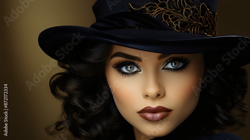 Glamorous Beauty: Model in Elegant Black hat with Bold Make Up - AI Generated