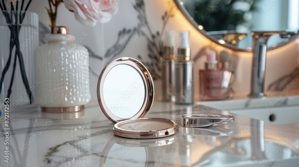 Round powder compact with fliptop mirror on a marble vanity, nighttime elegance, oil control beauty Round powder compact with fliptop mirror on a marble vanity, nighttime elegance, oil control beauty