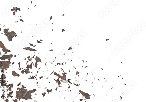 Burned, charred paper scraps isolated on white background, top view