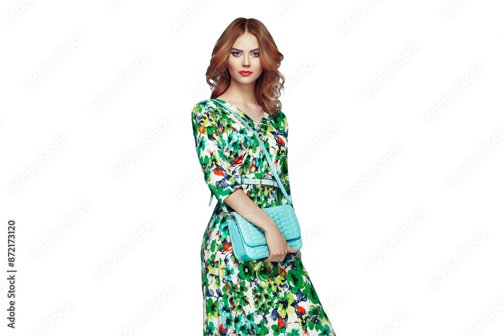 Blonde young woman in floral spring summer dress. Girl posing on a transparent background. Summer floral outfit. Fashion photo. Glamour lady with handbag Blonde young woman in floral spring summer dress. Girl posing on a transparent background. Summer floral outfit. Fashion photo. Glamour lady with handbag