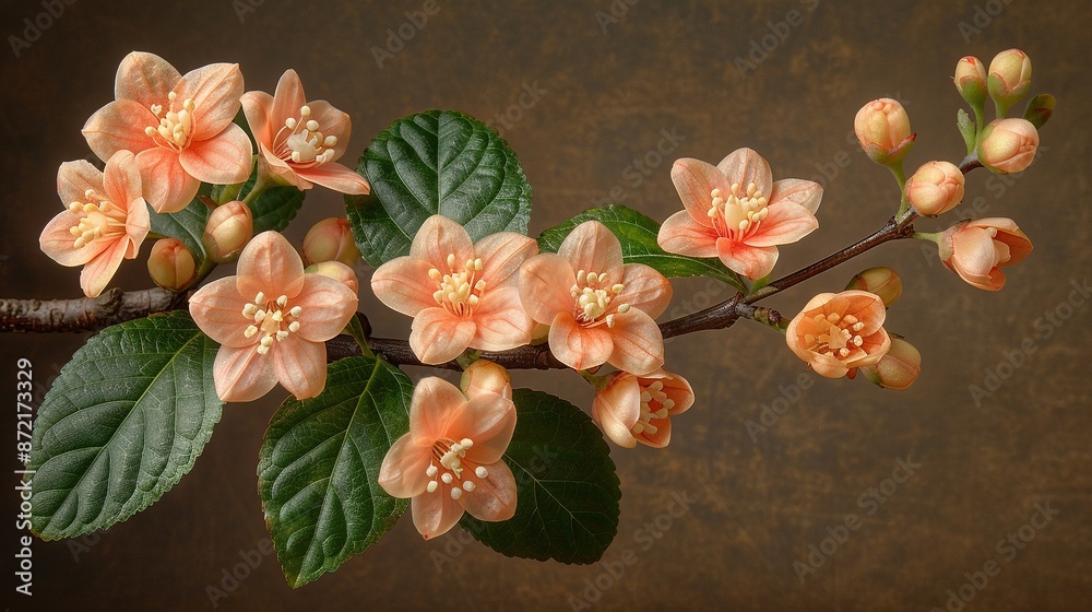 A tree branch with blooms and lush foliage set against a dark wall on a rustic background A tree branch with blooms and lush foliage set against a dark wall on a rustic background