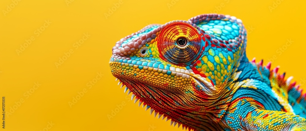 A vivid chameleon's head and body in focus against a yellow backdrop, yellow background A vivid chameleon's head and body in focus against a yellow backdrop, yellow background