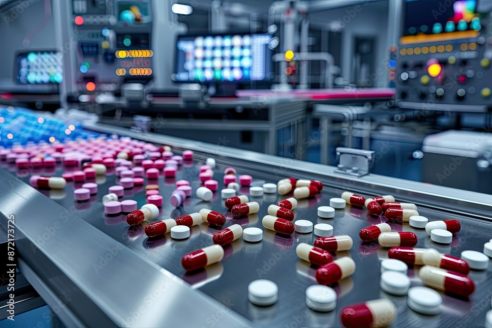 Fototapeta premium Pill Production Line in a Modern Pharmaceutical Factory