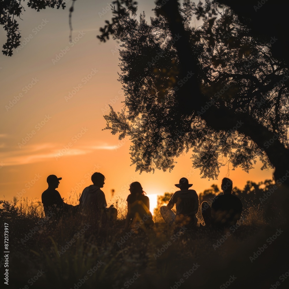 Fototapeta premium Group of Friends Enjoying Sunset in Nature
