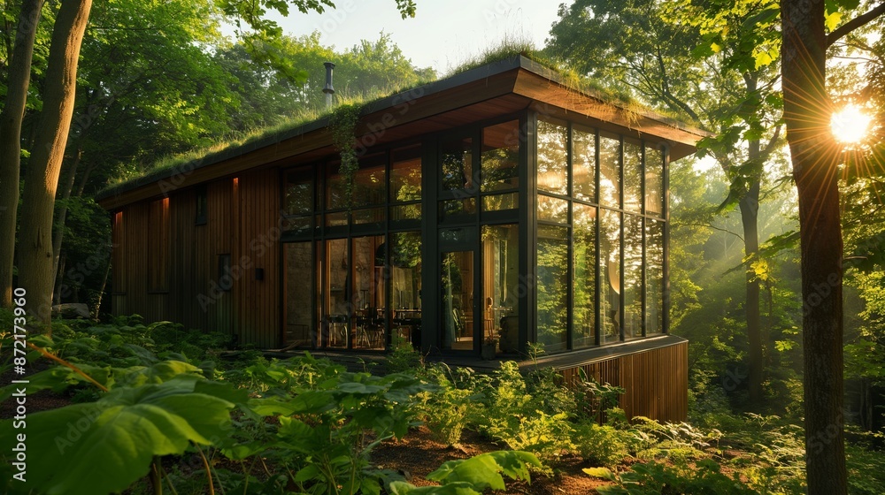 Sustainable wooden house in forest setting with rooftop garden Sustainable wooden house in forest setting with rooftop garden