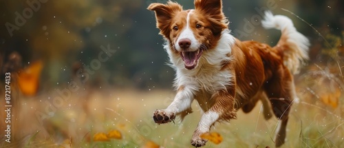  A brown-and-white dog joyfully dashes through a sprawling field, dotted with flowers in the foreground and framed by towering trees in the background