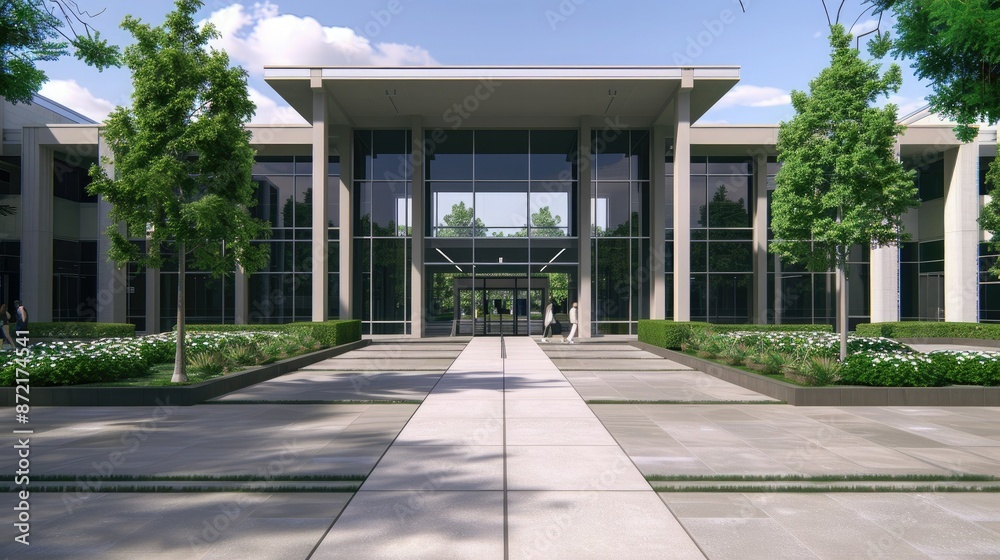A Modern Office Building Entrance With Greenery A Modern Office Building Entrance With Greenery
