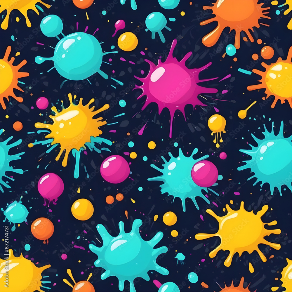 Vibrant Splash Seamless Pattern: A cheerful and dynamic design featuring a colorful array of paint splatters in blue, pink, yellow, and orange against a dark background. Vibrant Splash Seamless Pattern: A cheerful and dynamic design featuring a colorful array of paint splatters in blue, pink, yellow, and orange against a dark background.