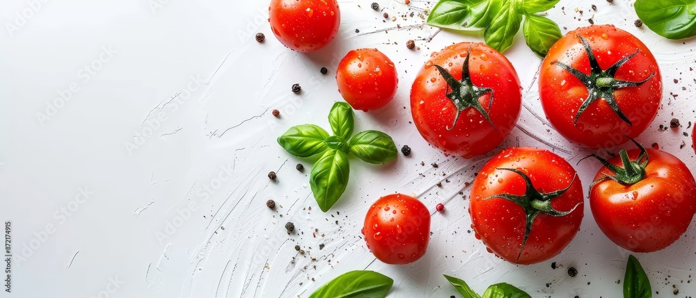 A collection of tomatoes atop a table, adjacent to basil leaves and pepper shakers against a pristine white backdrop A collection of tomatoes atop a table, adjacent to basil leaves and pepper shakers against a pristine white backdrop