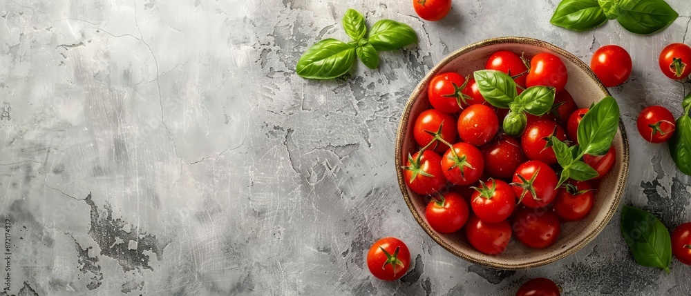 A bowl brimming with numerous red tomatoes and verdant basil leaves atop a gray countertop A bowl brimming with numerous red tomatoes and verdant basil leaves atop a gray countertop