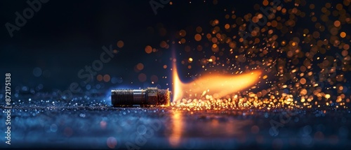  A close-up of a soda can on a wet surface, with a bolt of light emerging from its opening